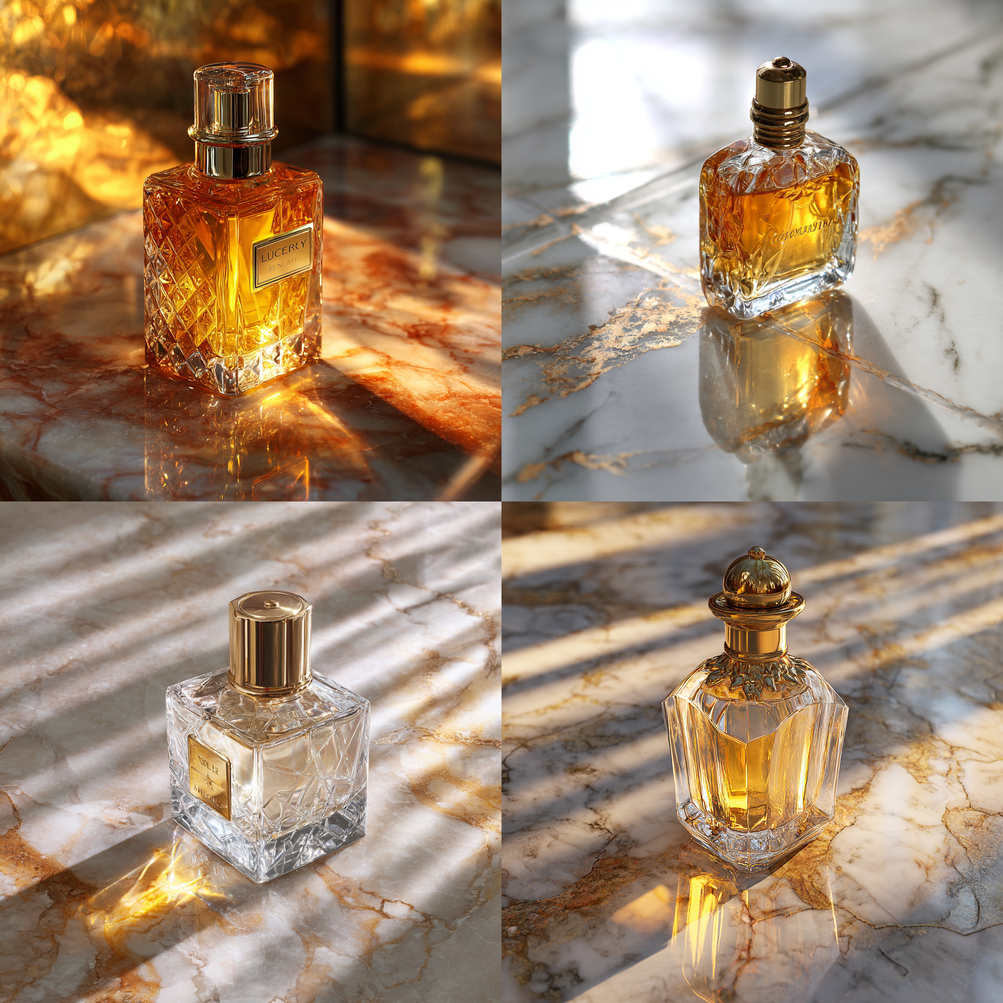 Luxury perfume bottle on marble surface with golden reflections, product photography, studio lighting